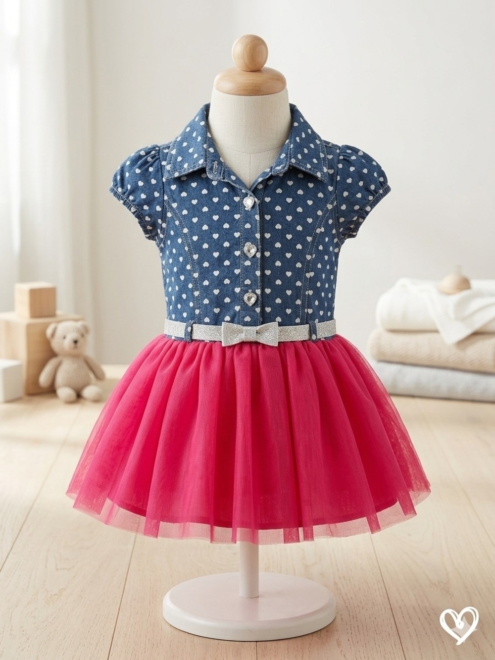 Nanette Baby Denim Heart Top with Hot Pink Tulle Skirt, 12 mons, GPreLC